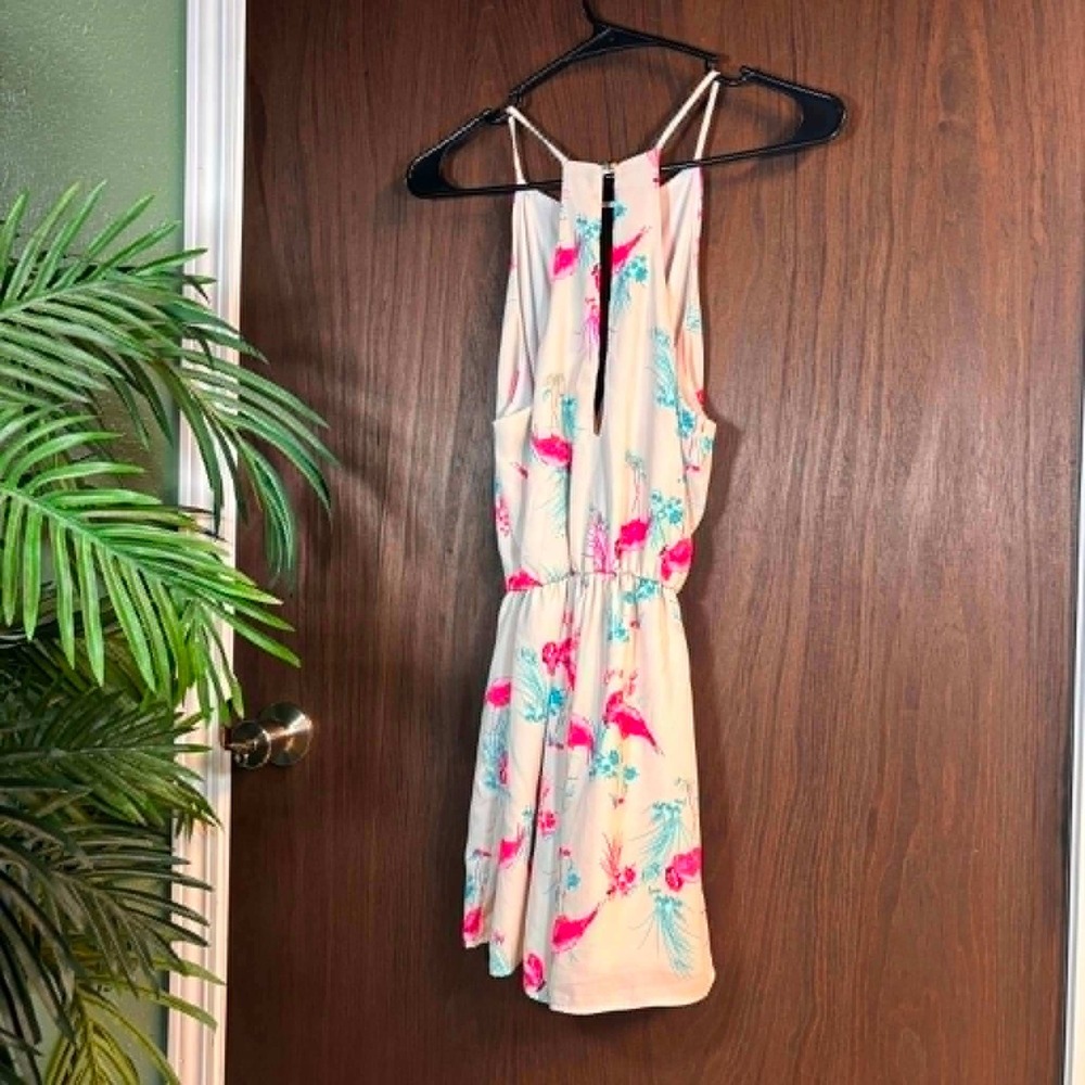 Everly Flamingo Print Halter Romper Cream Pink Tropical Size Small - Picture 3 of 8